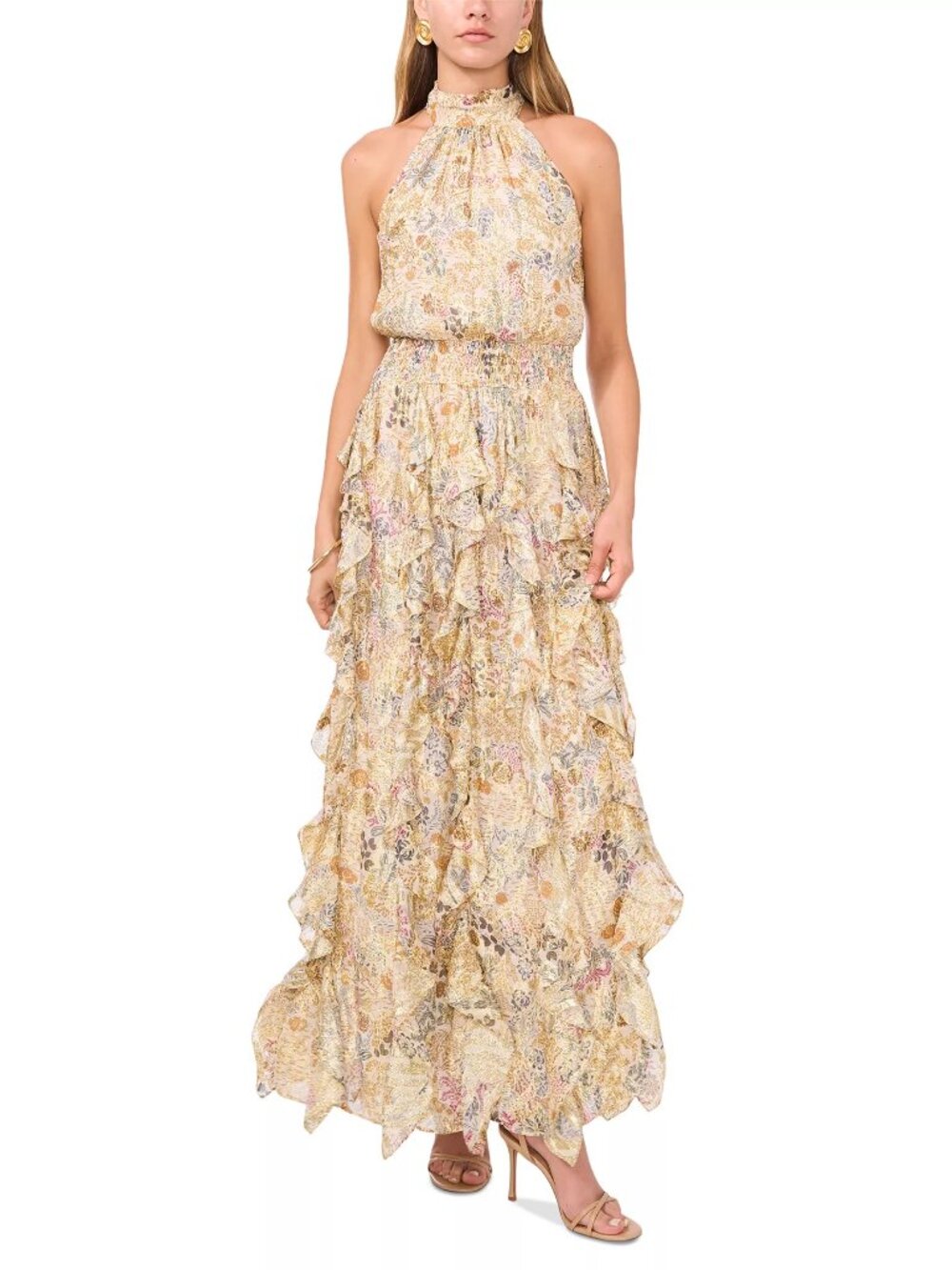 1.STATE ✨ Floral Smocked Cascade-Ruffle Halter Maxi Dress NWT Small